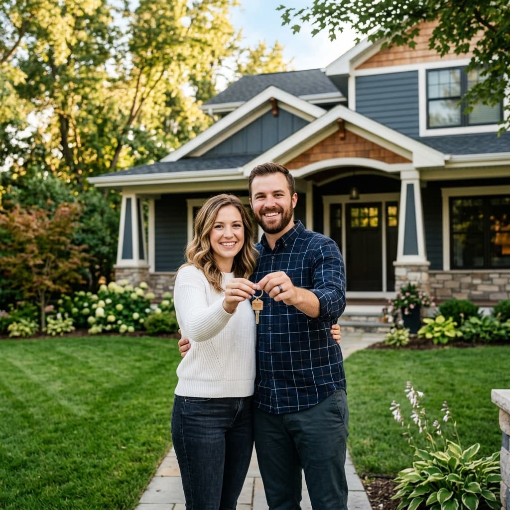 Happy couple holding keys in front of their new craftsman home in Madison, WI