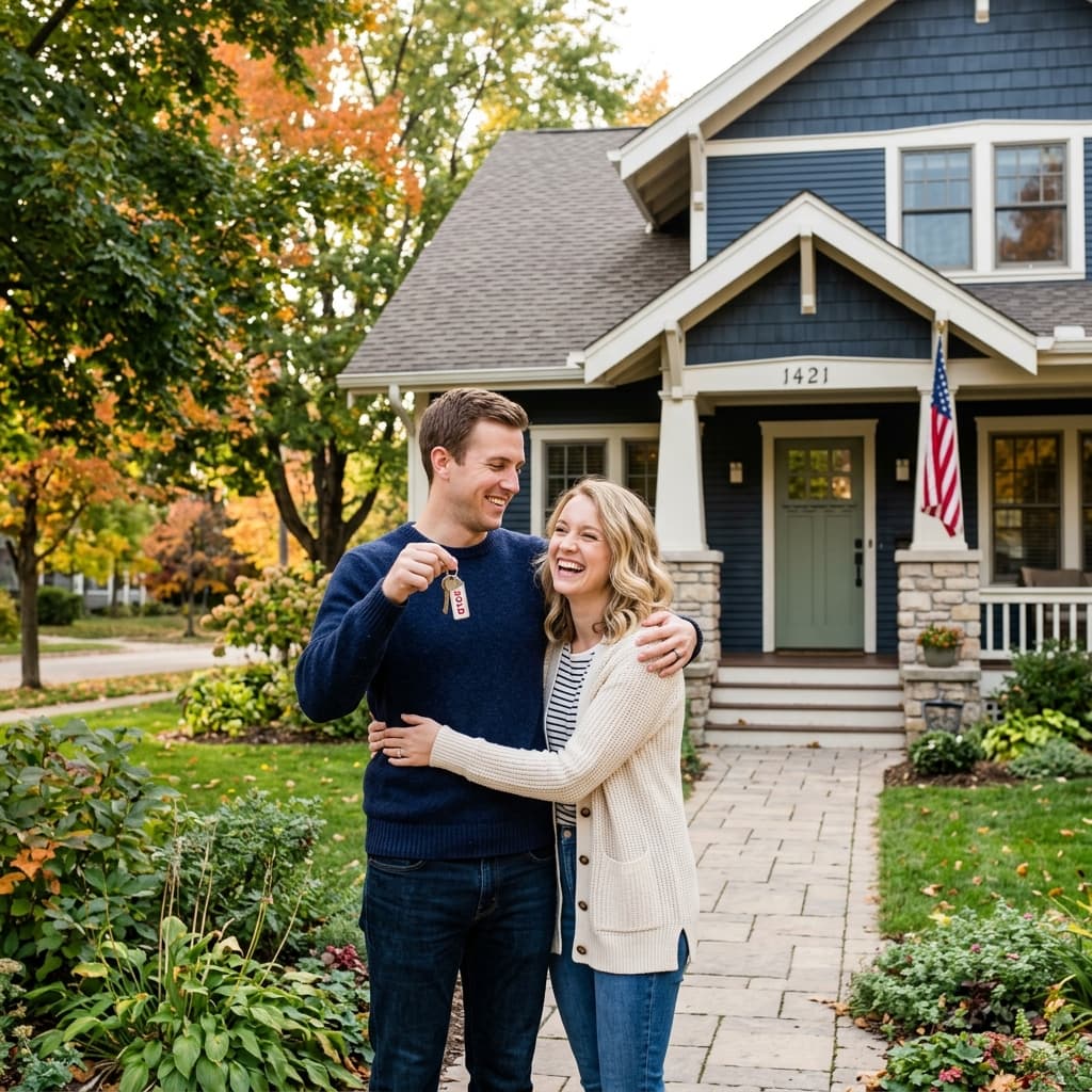 Happy young couple celebrating in front of their new Madison WI home - First-Time Home Buyers MadCity Home Loans Happy young couple celebrating in front of their new Madison WI home - First-Time Home Buyers MadCity Home Loans
