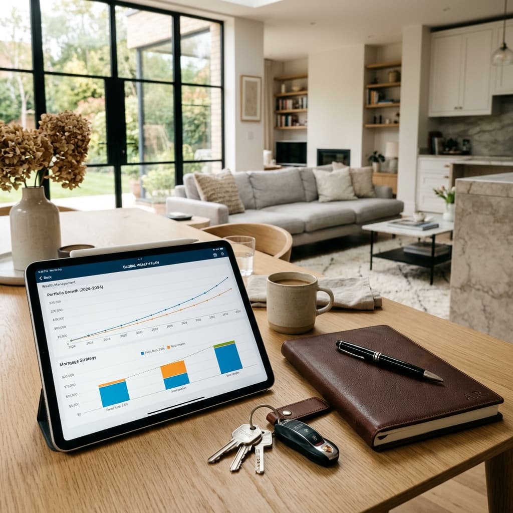 Mortgage planning strategy tools, iPad displaying financial charts and keys on a dining table in Madison, WI Mortgage planning strategy tools, iPad displaying financial charts and keys on a dining table in Madison, WI